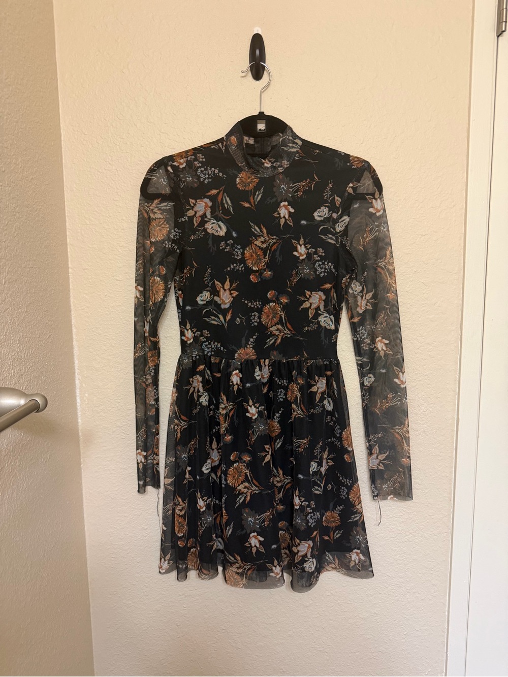 Sheer Long-Sleeve Floral Mini Dress - Black with Brown and Cream Floral Print